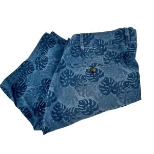 Peter Millar Collection Mens 34 Blue Monstera Leaf Tropical Cotton Shorts Indigo
